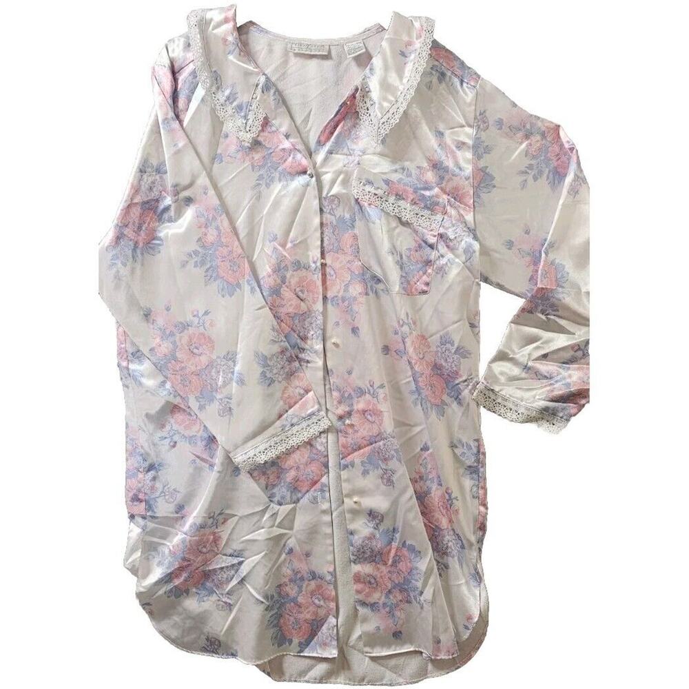 Vintage‎ Erika Taylor Intimates Pink Blue Floral Satin Night Gown Midi Med L 44